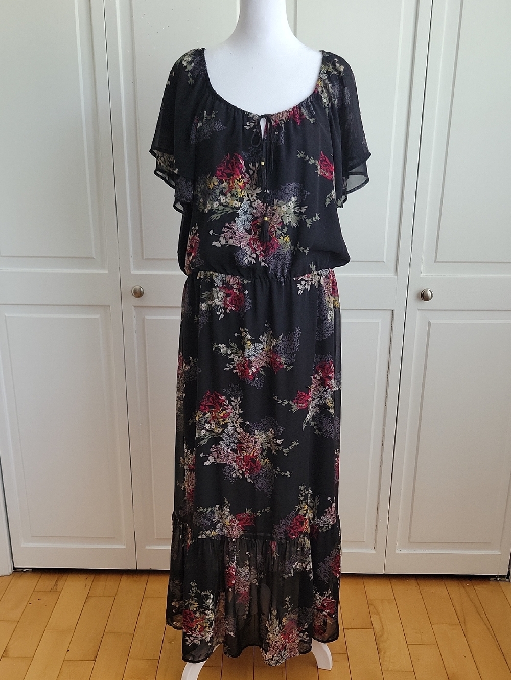 Style & Co. Black Floral Maxi Dress with Red and Cream Accents
